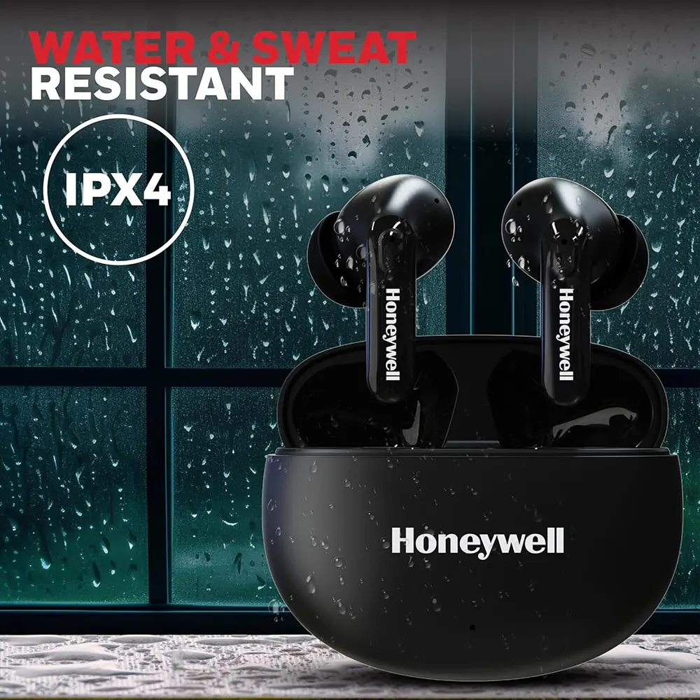 Honeywell Wireless Earbuds, Bluetooth 5.3, PX4 Water Resistant, 50-Hour Playtime, Noise Cancelling, Black, P2100