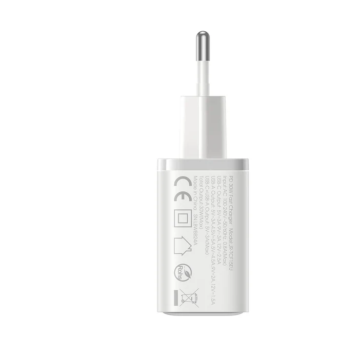 شاحن جوي روم ،30 وات ، منفذين ،شحن سريع ، أبيض ،  JR-TCF15