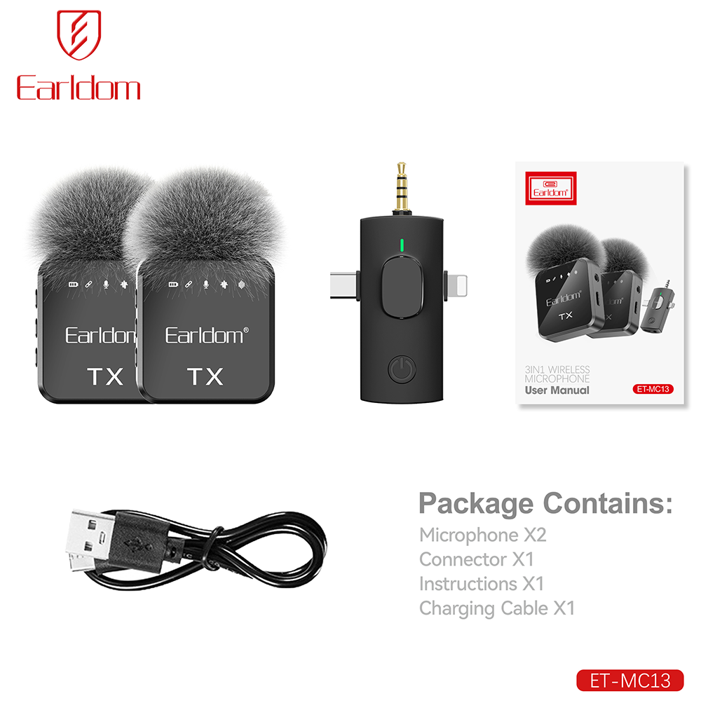 Earldom 3-in-1 Wireless Microphone, Noise Cancelling Function, Type-C Input, Black, ET-MC13