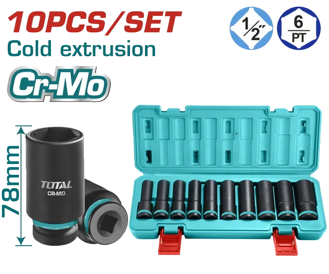 طقم لقم تصادمي توتال تولز، 10 قطع، 0.5 بوصة، 78مم، THKISD12102L