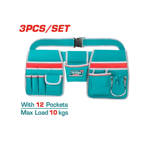 Total Tools Tool Belt, 3 Pieces, 12 Pockets, Fabric, Blue, THT-16P20325
