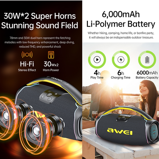 Awei Wireless Portable Speaker, Bluetooth 5.3, 6000 mAh Battery, RGB Lighting, Waterproof, Black, KA16