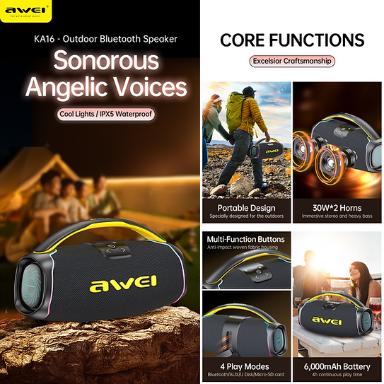 Awei Wireless Portable Speaker, Bluetooth 5.3, 6000 mAh Battery, RGB Lighting, Waterproof, Black, KA16