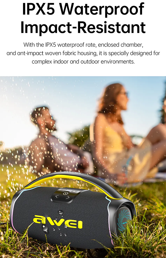 Awei Wireless Portable Speaker, Bluetooth 5.3, 6000 mAh Battery, RGB Lighting, Waterproof, Black, KA16