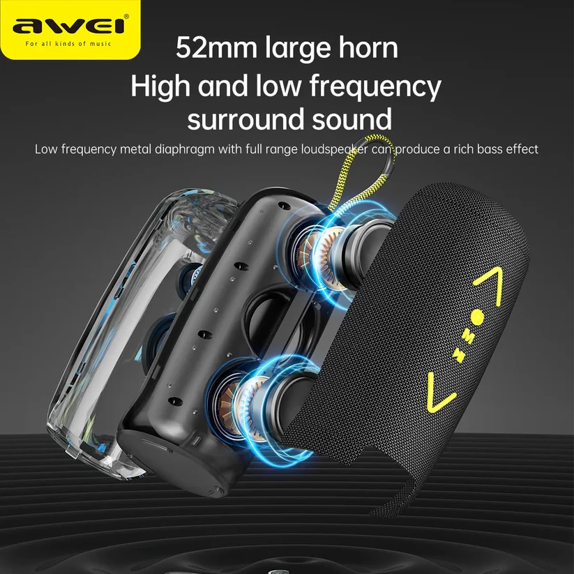 Awei Wireless Speaker, Bluetooth 5.3, 2400 mAh Battery, RGB Lighting, Waterproof, Black, KA35