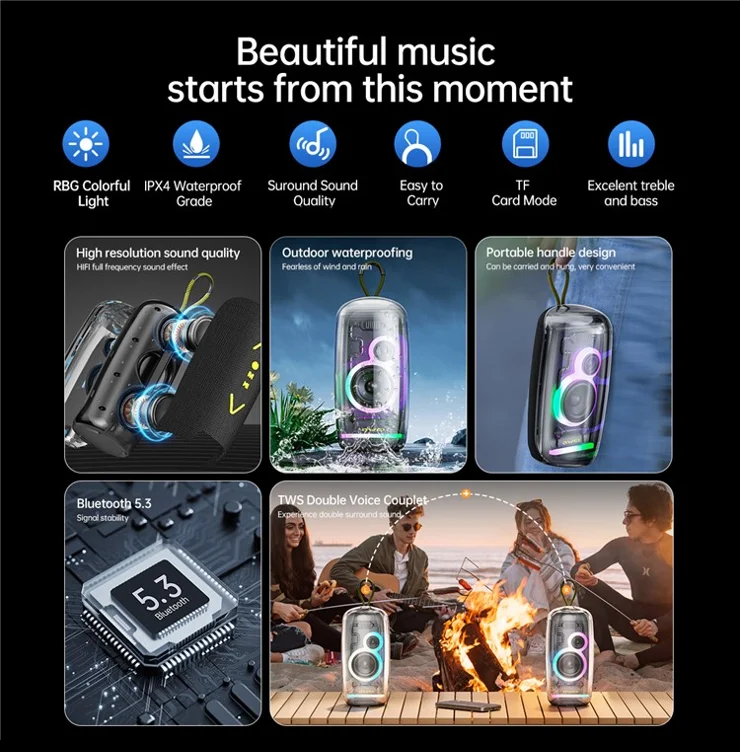 Awei Wireless Speaker, Bluetooth 5.3, 2400 mAh Battery, RGB Lighting, Waterproof, Black, KA35