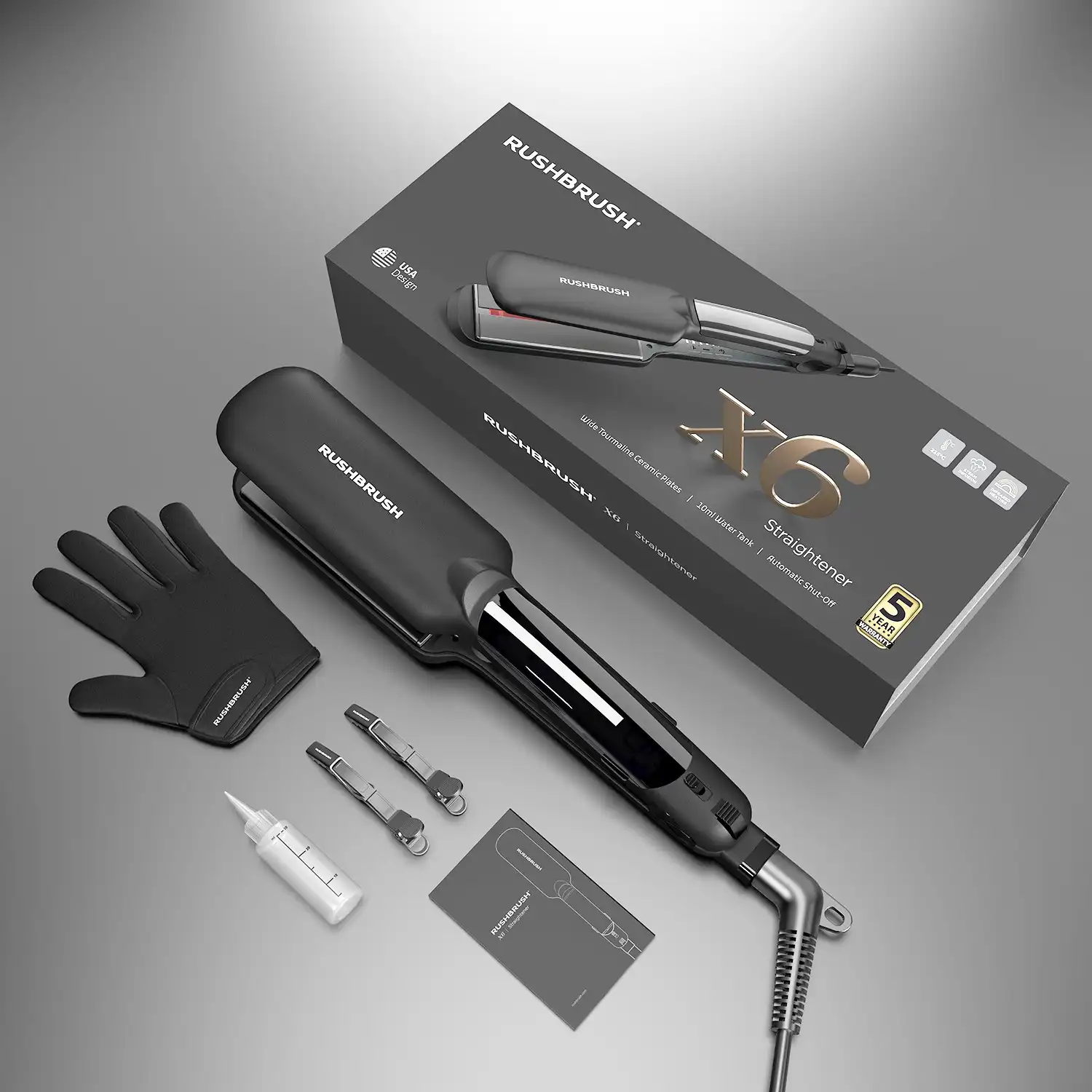 مكواة فرد الشعر راش براش، ألواح سيراميك التورمالين، تقنية البخار، أسود، X6