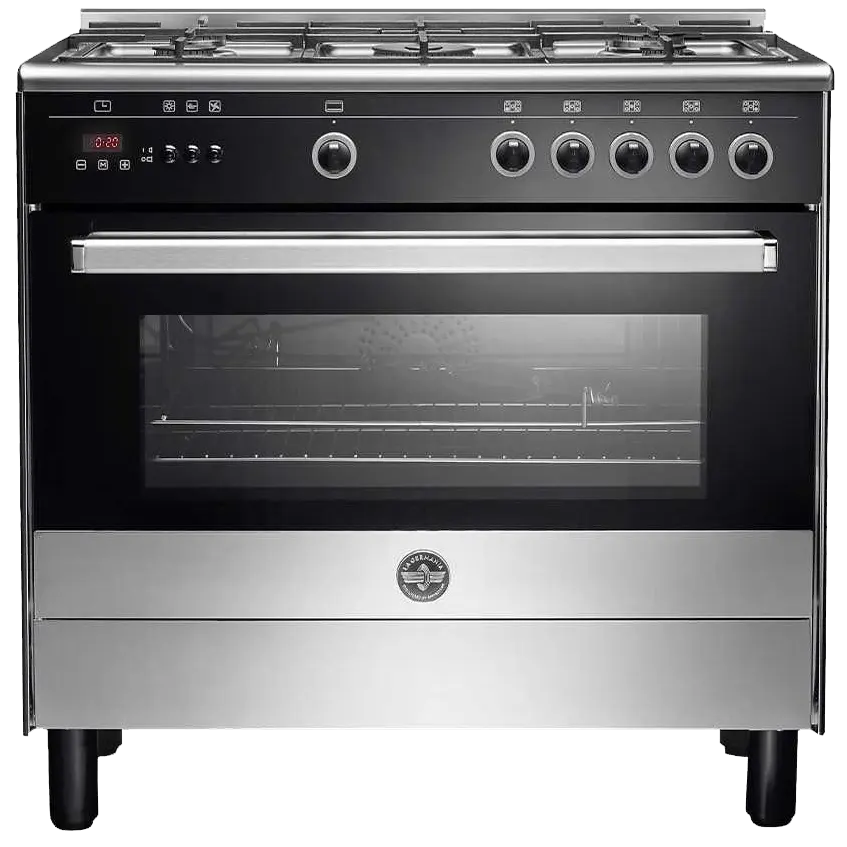 بوتجاز لاجيرمانيا مودرنا  ، مقاس 90 سم ، 5 شعلة ، حوامل زهر ، مزود بمروحتين ، شواية ، سيلفر x أسود ، 9L10G4A1X4AWW