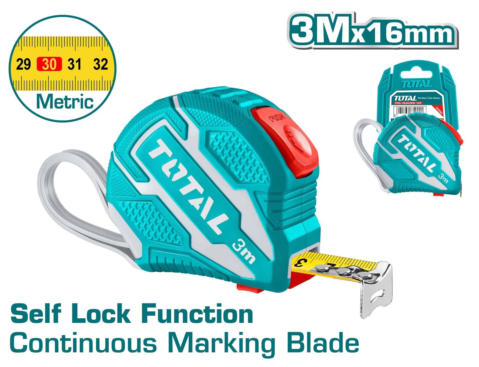 Total Tools Self-Lock Measuring Tape, 10 meters, Blue, TMT1262101M