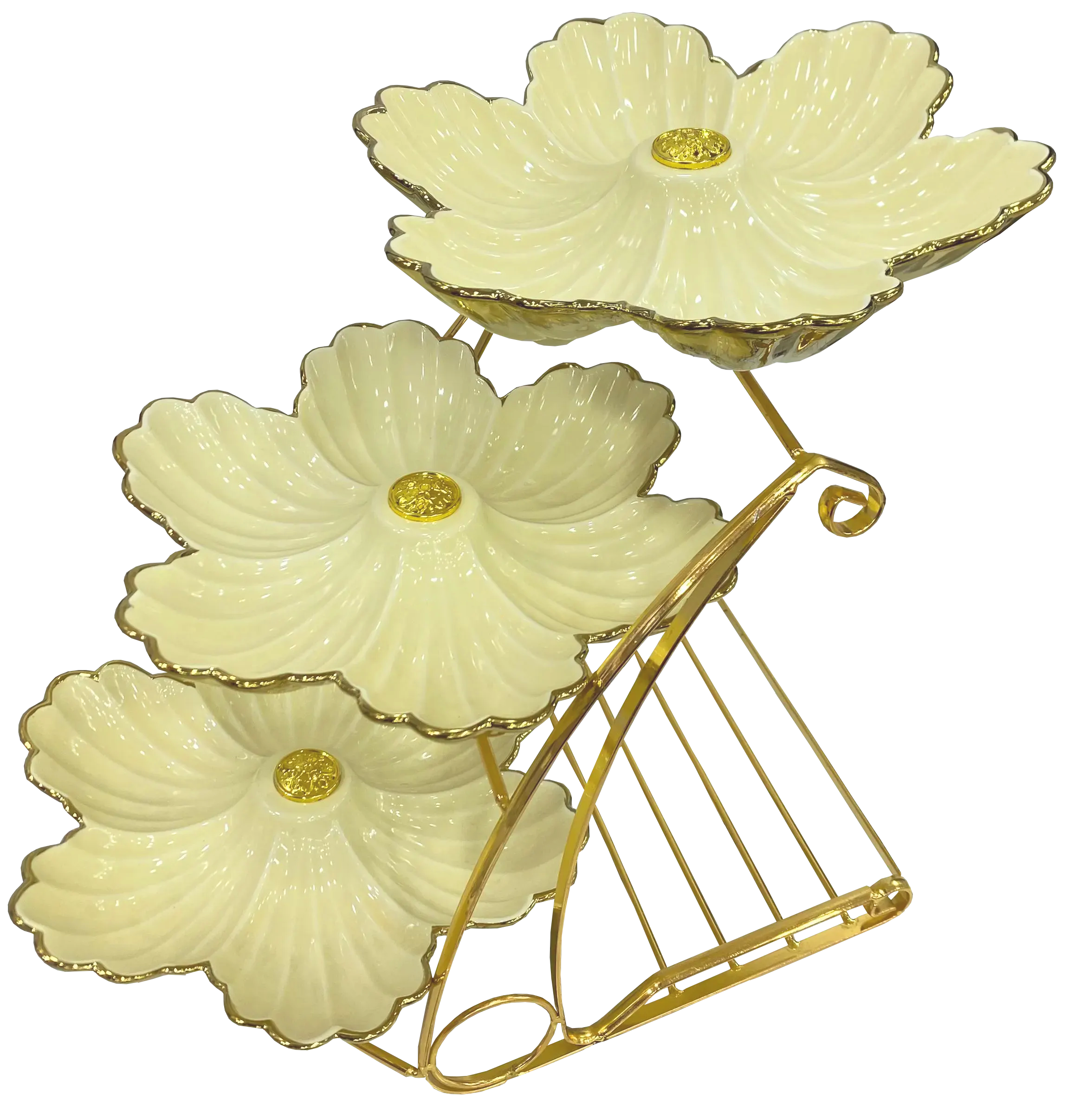 شيالة بورسلين شكل وردة  ، 3 دور ، بيج اطار جولد ، 141-16