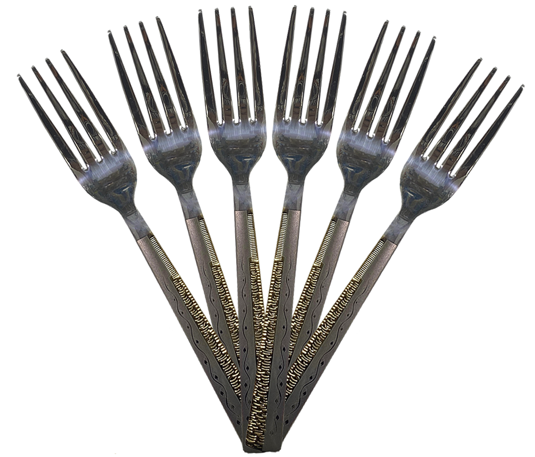 DZD Large Dinner Fork Set, 6 Pieces, Stainless Steel, Gold, Model 35-107
