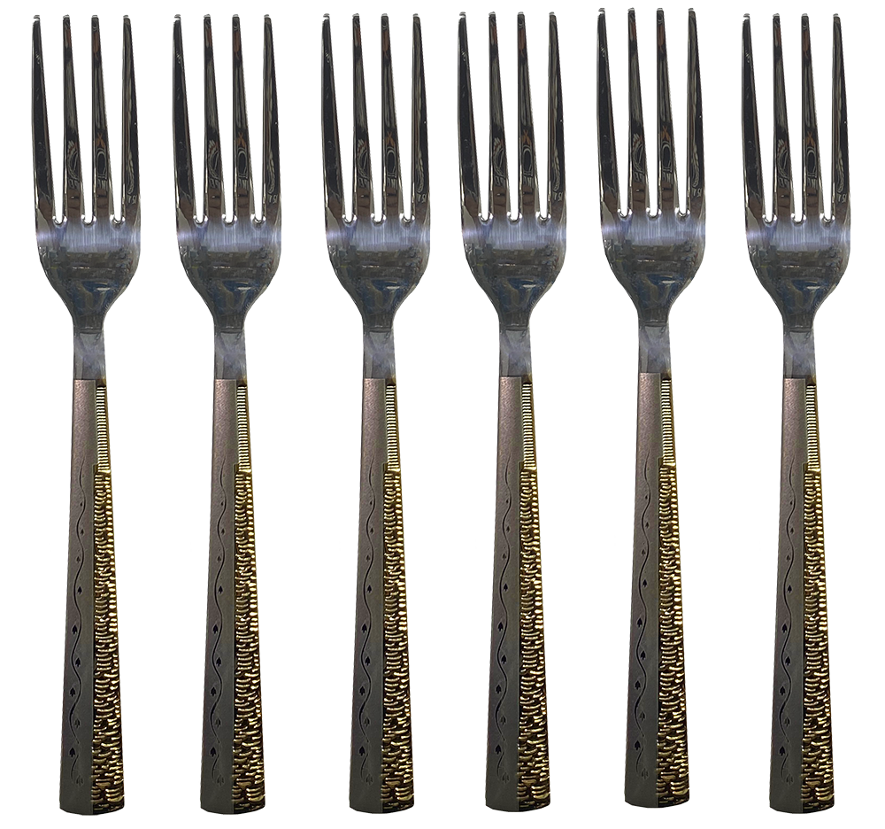 DZD Large Dinner Fork Set, 6 Pieces, Stainless Steel, Gold, Model 35-107