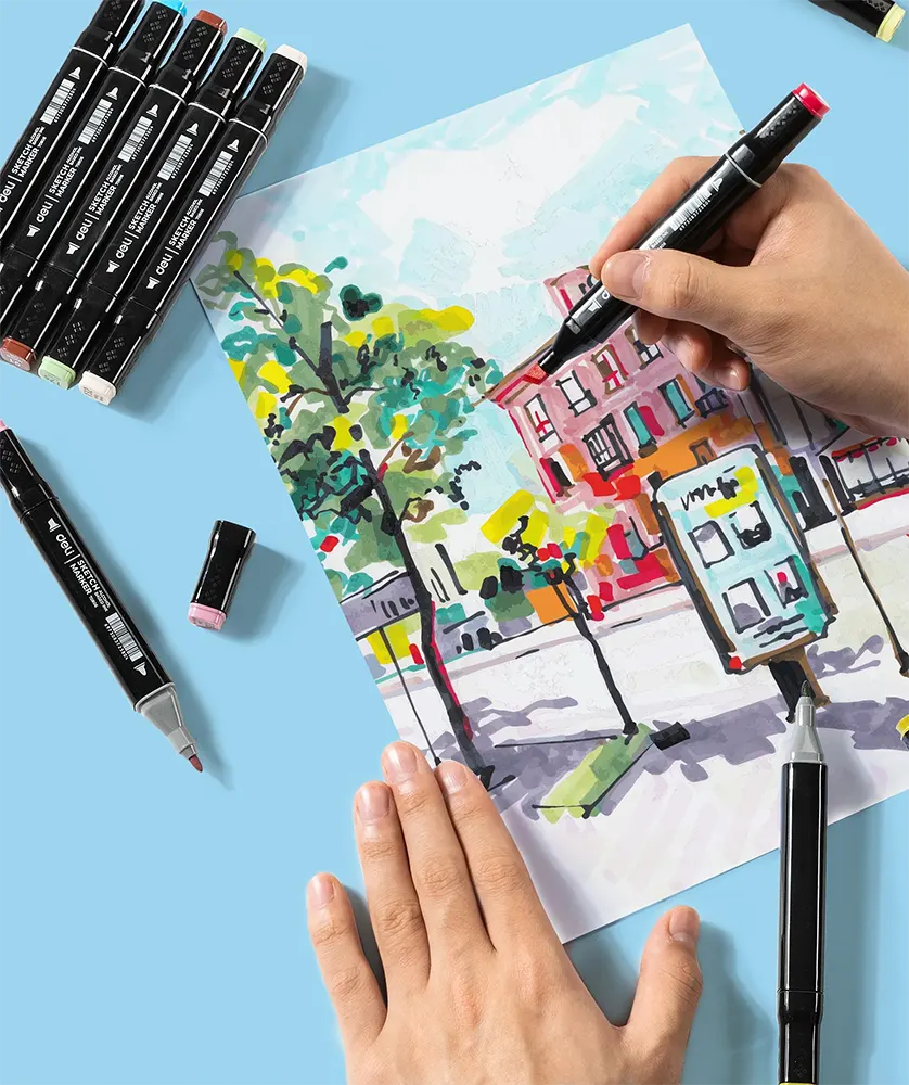 Deli Dual Tip Chisel & Regular Marker Pen, Assorted Colors, 70806