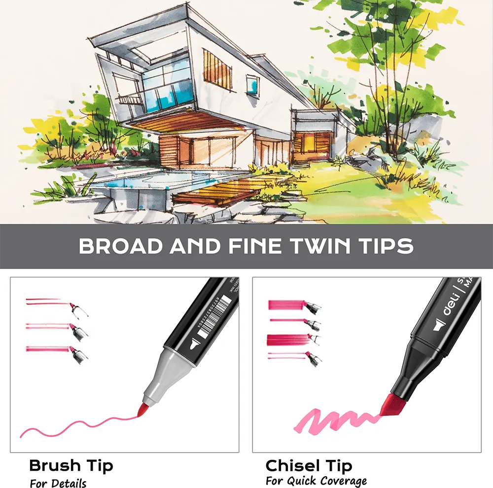 Deli Dual Tip Chisel & Regular Marker Pen, Assorted Colors, 70806