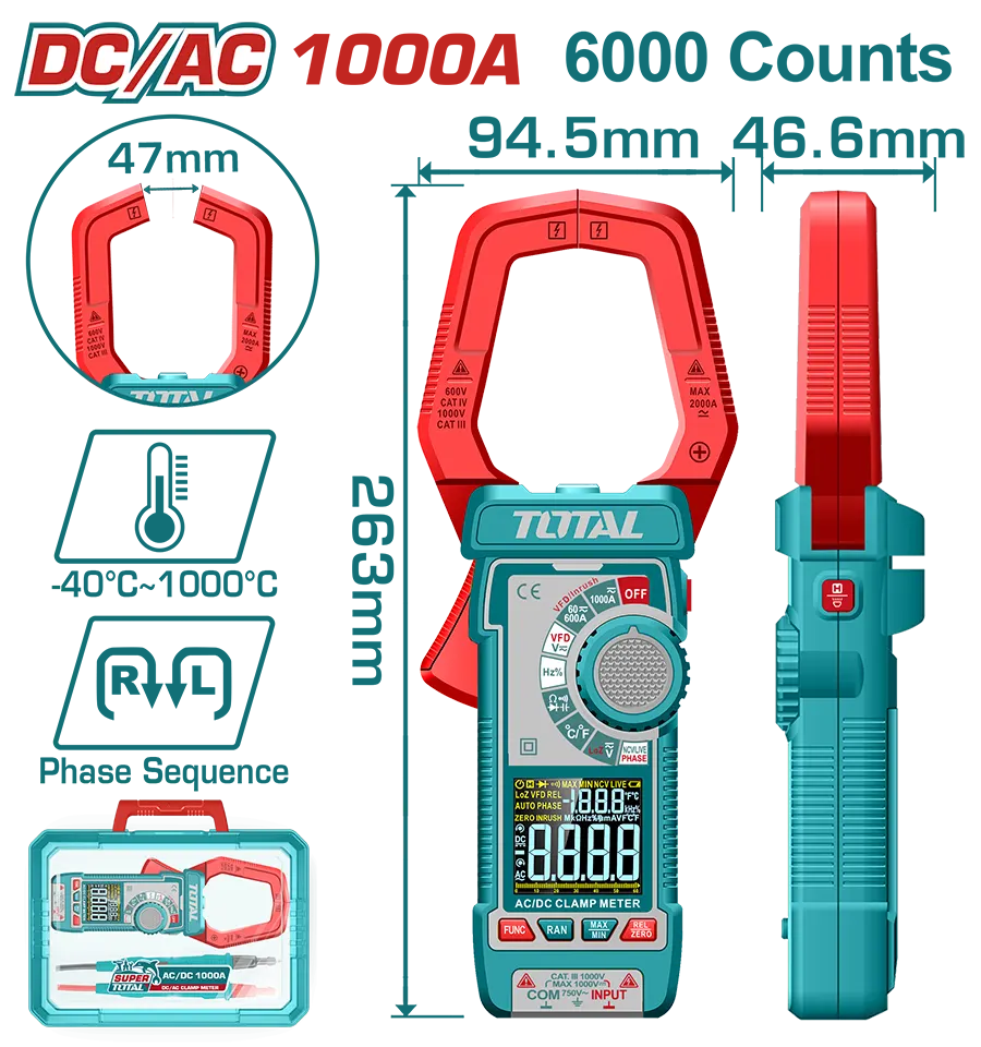 كلامب ميتر ديجيتال توتال تولز ، 1000 أمبير ، عداد 6000 ، NCV ،  ازرق ، TMT7610002