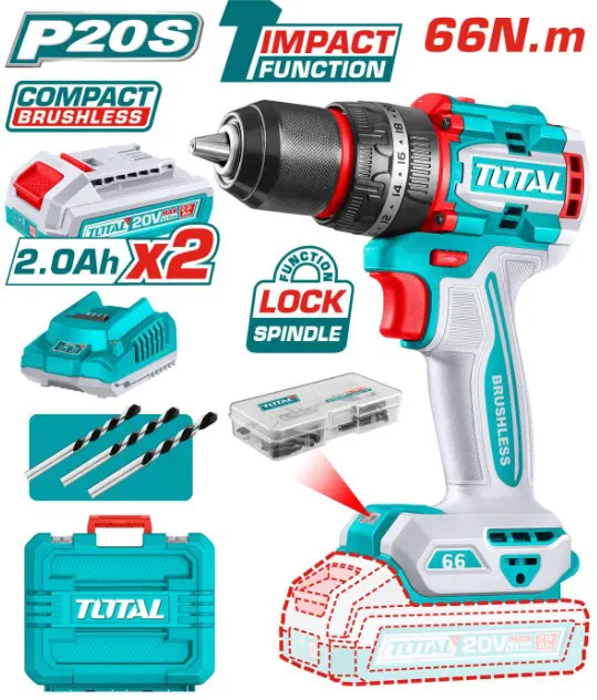 Drill Total Tools, 20V, 66N, 2 x 2A, Charger, TIDLI-20668