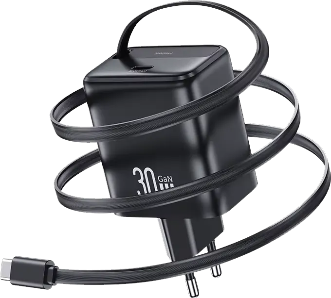 شاحن حائط من يوسامز سلسلة YC، شحن سريع 30 وات، منفذ شحن type-c، كابل مدمج قابل للسحب، أسود، CC241-TC01