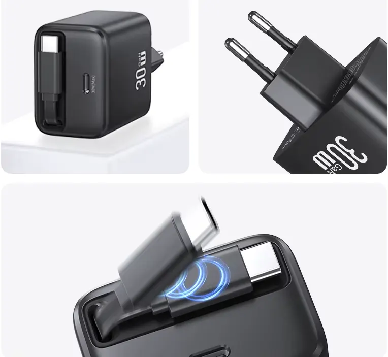 شاحن حائط من يوسامز سلسلة YC، شحن سريع 30 وات، منفذ شحن type-c، كابل مدمج قابل للسحب، أسود، CC241-TC01