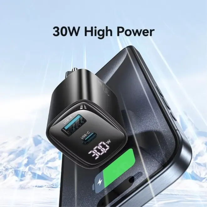 شاحن حائط من يوسامز سلسلة xc، شحن سريع 30 وات، شاشة ديجيتال، 2 منفذ شحن، أسود، CC229-TC02