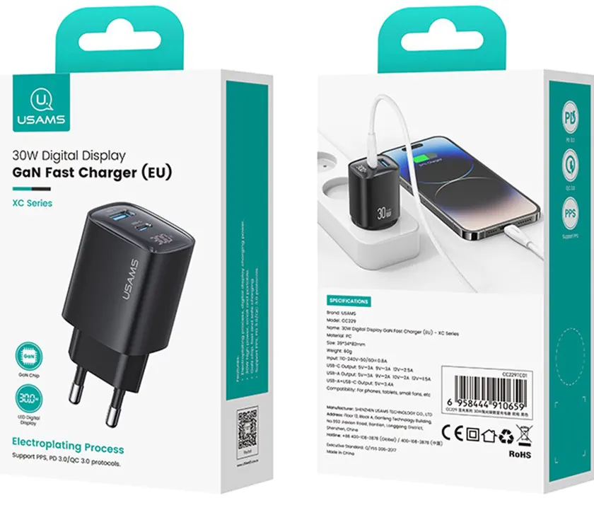 شاحن حائط من يوسامز سلسلة xc، شحن سريع 30 وات، شاشة ديجيتال، 2 منفذ شحن، أسود، CC229-TC02