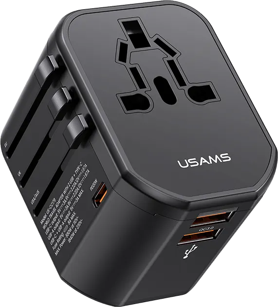 USAMS Universal Charger T59, 20W Fast Charging, 2 USB-A Ports, 1 Type-C Port, Supports US-UK-EU-AU Plug, Black, US-CC179-TC01
