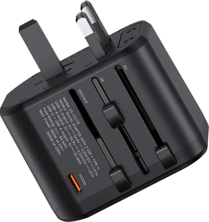 USAMS Universal Charger T59, 20W Fast Charging, 2 USB-A Ports, 1 Type-C Port, Supports US-UK-EU-AU Plug, Black, US-CC179-TC01