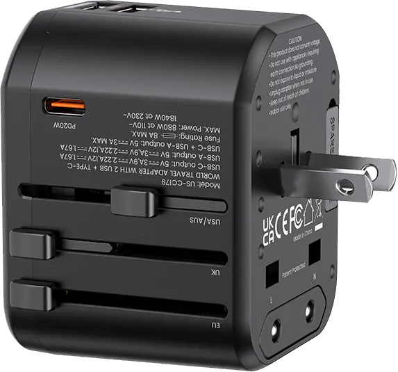 USAMS Universal Charger T59, 20W Fast Charging, 2 USB-A Ports, 1 Type-C Port, Supports US-UK-EU-AU Plug, Black, US-CC179-TC01