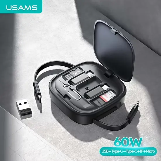كابل شحن ونقل بيانات من يوسامز U87، شحن سريع 60 وات، 6 في 1، كابل قابل للتمدد 90 سم، علبة تخزين، أسود، US-SJ650