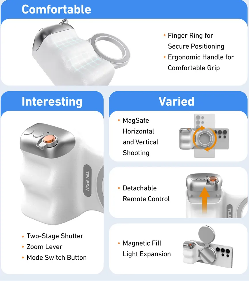 حامل موبايل تيليسين فان شوت مجناتيك ، مع مفتاح تحكم في الكاميرا ، أبيض
