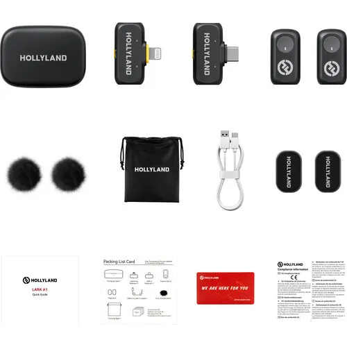 Holyland Lark A1 Wireless Combo Microphone, Intelligent Noise Cancellation, 2 Receivers with USB-C and Lightning Ports, Black