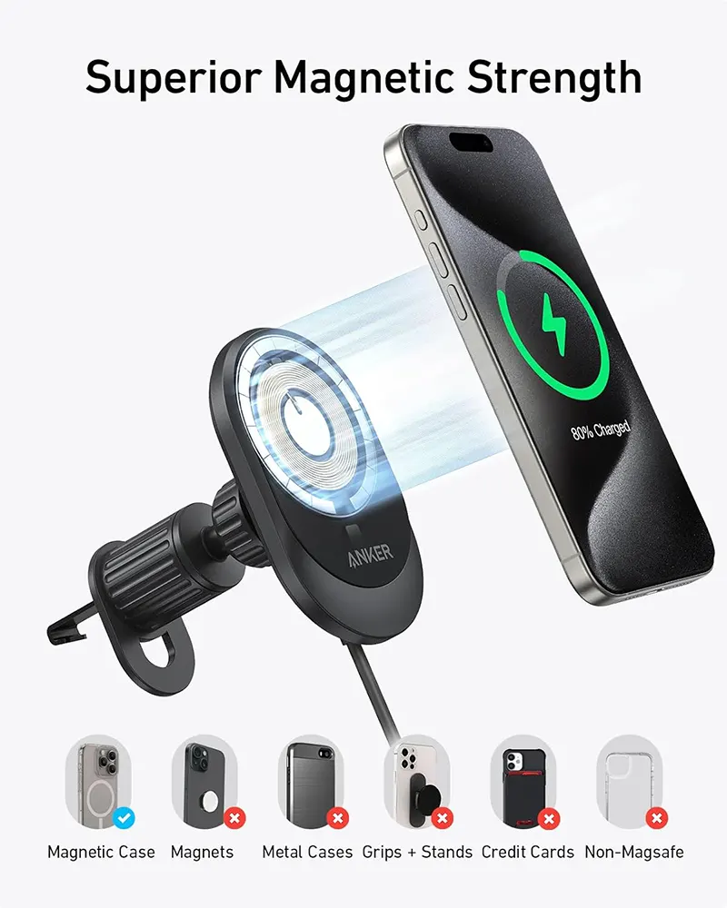 Anker Maggo Wireless Fast Car Charger with Mobile Phone Holder, 360° Adjustable Angle, Type-C Port, Black