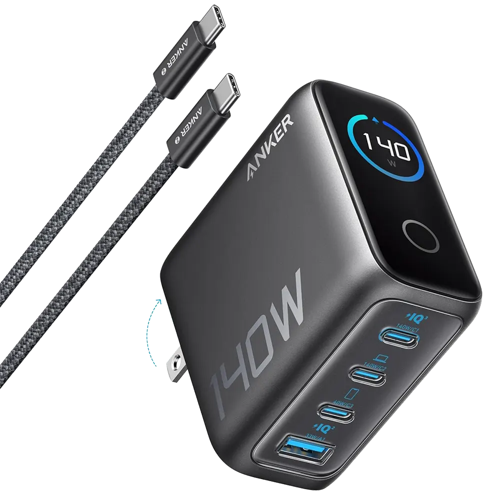 شاحن أنكر سريع PD 3.1 ، بقدرة 140 وات ،  4 منافذ شحن ، شاشة تعمل باللمس ، مع كابل USB-C ، أسود