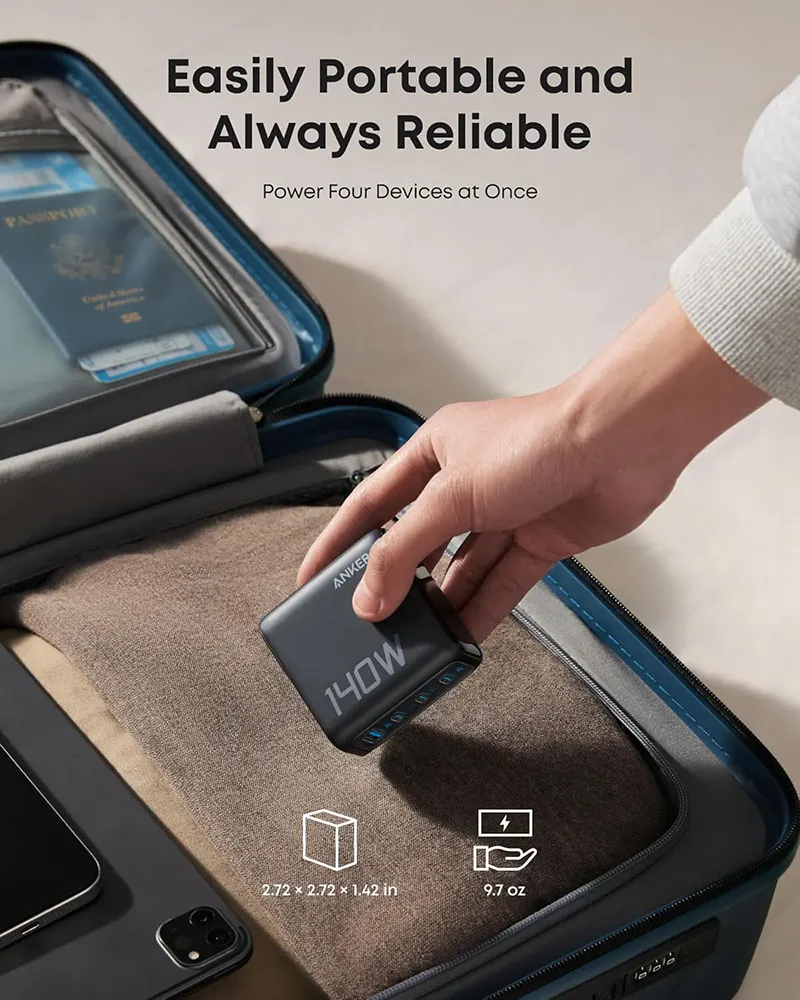 شاحن أنكر سريع PD 3.1 ، بقدرة 140 وات ،  4 منافذ شحن ، شاشة تعمل باللمس ، مع كابل USB-C ، أسود