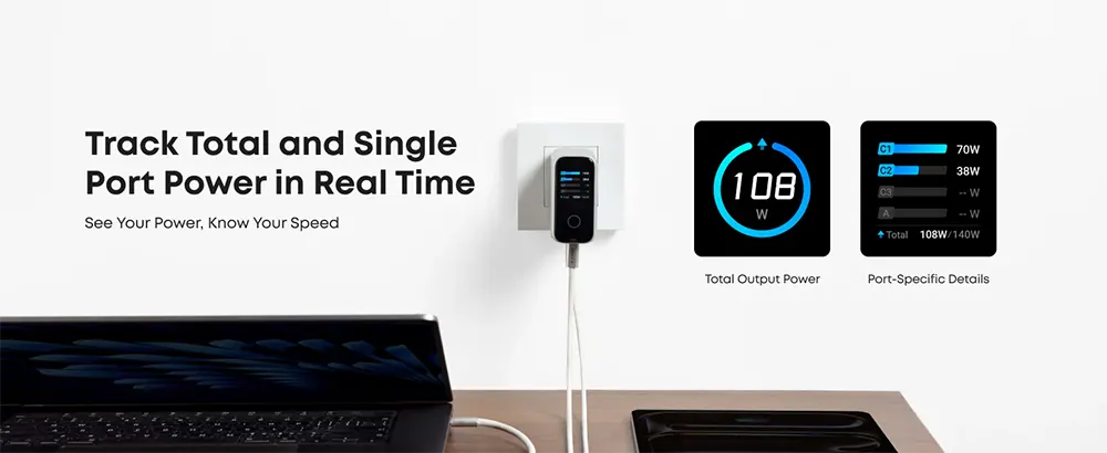 شاحن أنكر سريع PD 3.1 ، بقدرة 140 وات ،  4 منافذ شحن ، شاشة تعمل باللمس ، مع كابل USB-C ، أسود