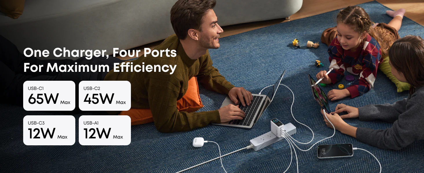 شاحن أنكر سريع PD 3.1 ، بقدرة 140 وات ،  4 منافذ شحن ، شاشة تعمل باللمس ، مع كابل USB-C ، أسود