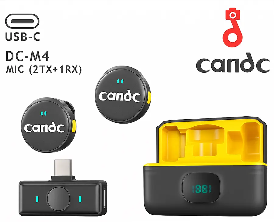 مايكروفون لاسلكي CANDC M4 ، بلوتوث 5.2، 2 مايكروفون، مُستقبل TYPE-C، أسود