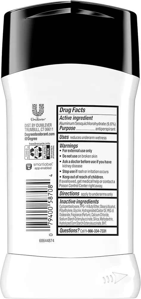 Degree Ultra Clear Black+White Antiperspirant Deodorant 72H Stick, 76G