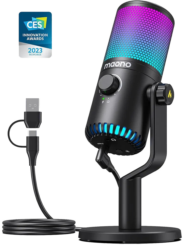 Maono Gaming Microphone With Metal Stand, RGB Lighting, USB Port, Black, DM30