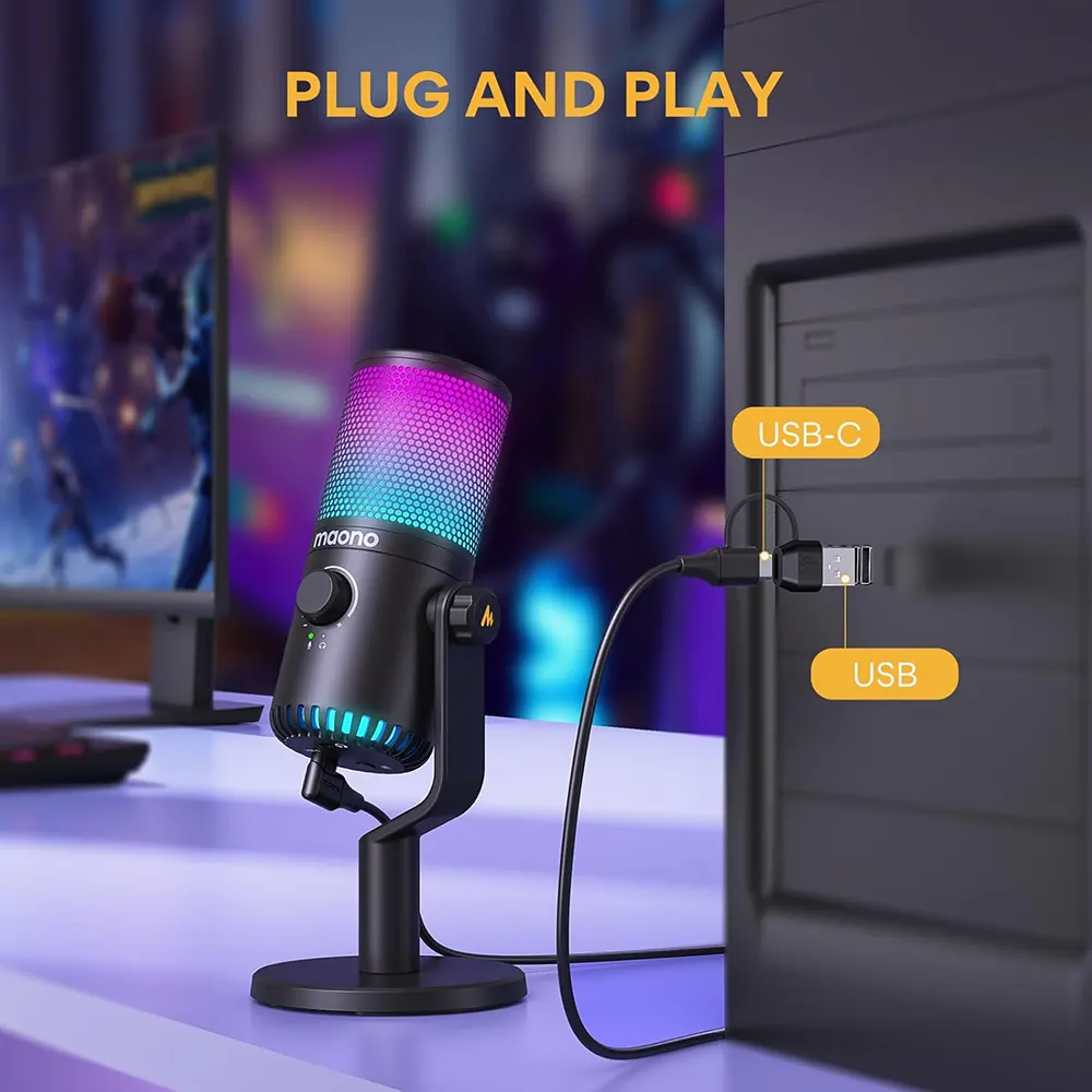 Maono Gaming Microphone With Metal Stand, RGB Lighting, USB Port, Black, DM30