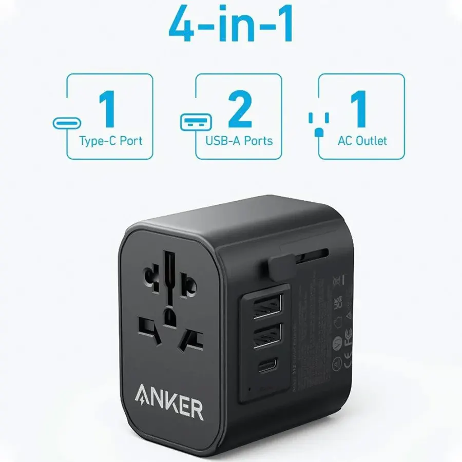Anker 312 Outlet Extender Wall Charger, 30W Fast Charging, 3 Ports, AU-US-UK-DE Plug Support, Black, A9212K11