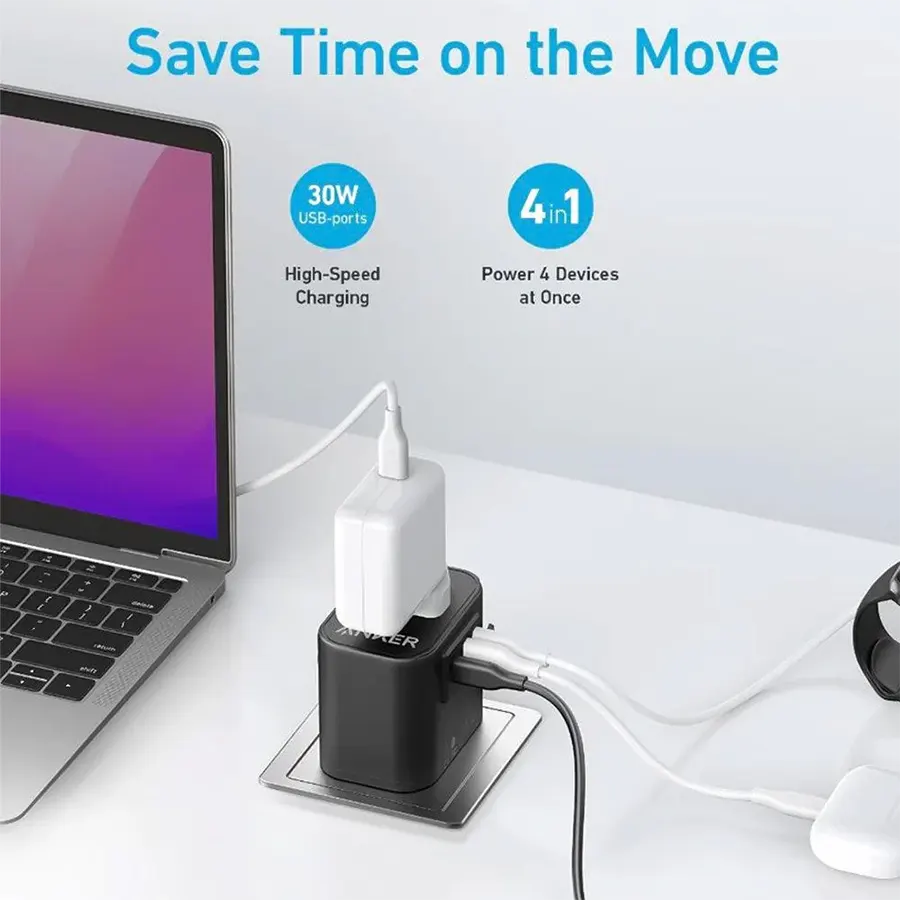 Anker 312 Outlet Extender Wall Charger, 30W Fast Charging, 3 Ports, AU-US-UK-DE Plug Support, Black, A9212K11