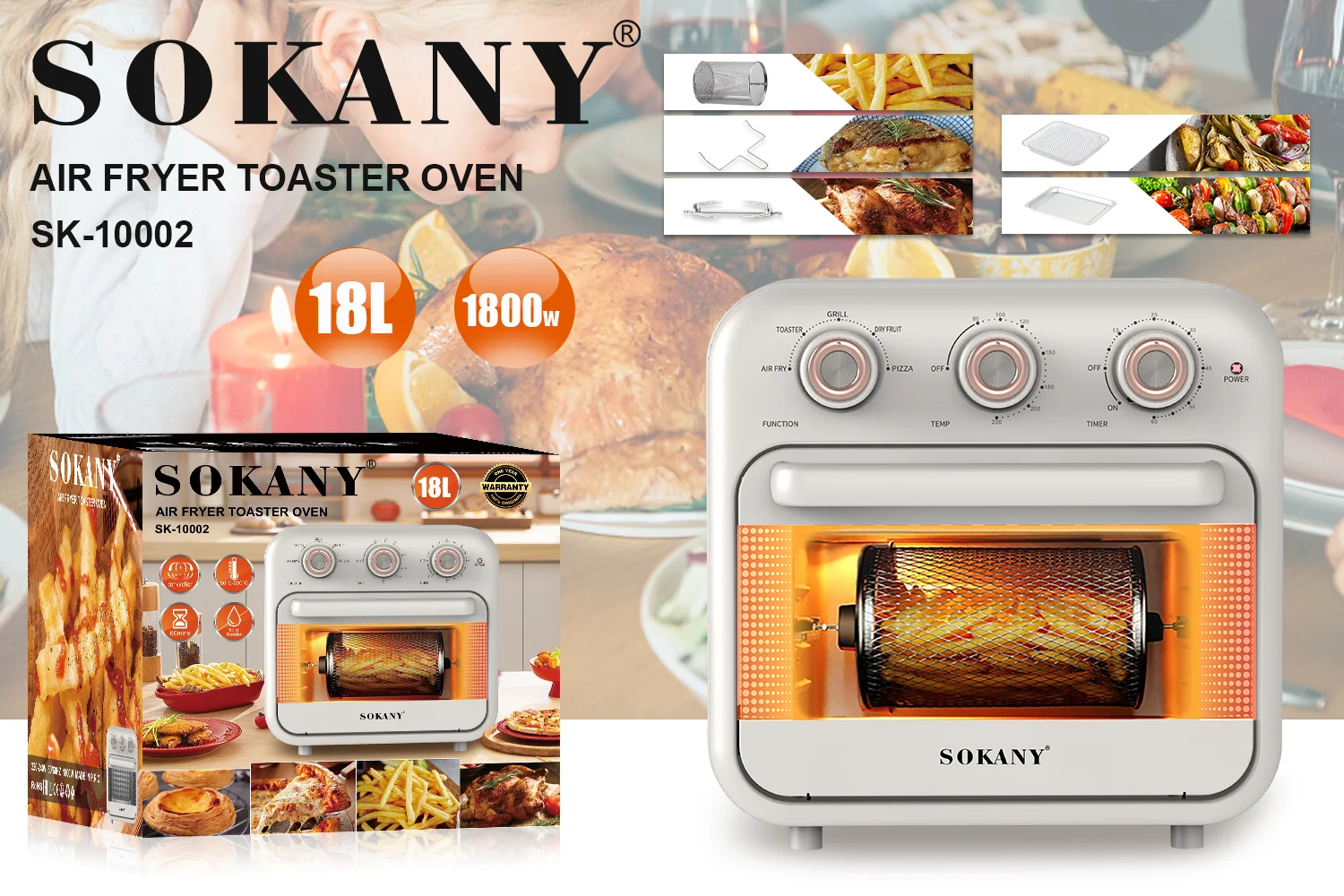 Sokany Air Fryer and Oven, 1800W, 18 Liters , Heat Diffuser , Silver , SK-10002