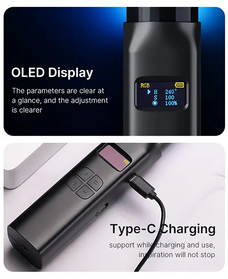 عصا إضاءة تصوير اولانزي ، 5 فولت، 10 وات، 20 تاثير اضاءة RGB، شاشة oled، وقت تشغيل 60 دقيقة ، 2500-9000 كلفن، VL119