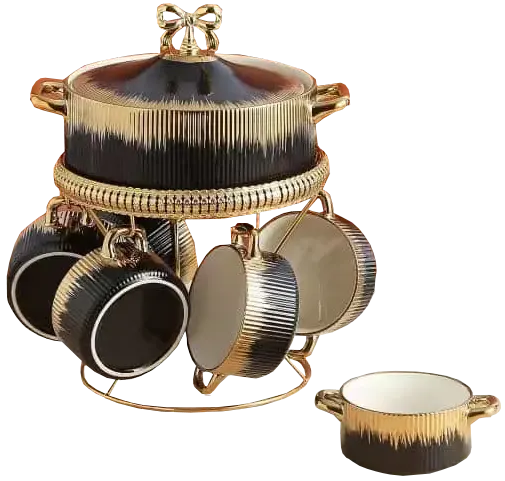 طقم شوربة فيونكة سيراميك بالحلة، أسود مدهب ، 8 قطع