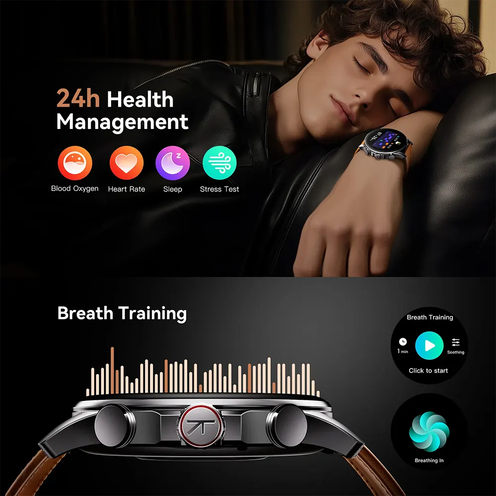 ساعة كيسليكت بالانسر الذكية، شاشة أموليد مقاس 1.43 بوصة، بلوتوث 5.3، مقاومة للماء حتى عمق 2ATM، أحزمة جلدية وسيليكون، لون أسود.