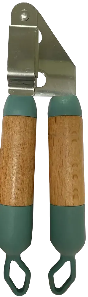 Stainless garlic press with wooden handle