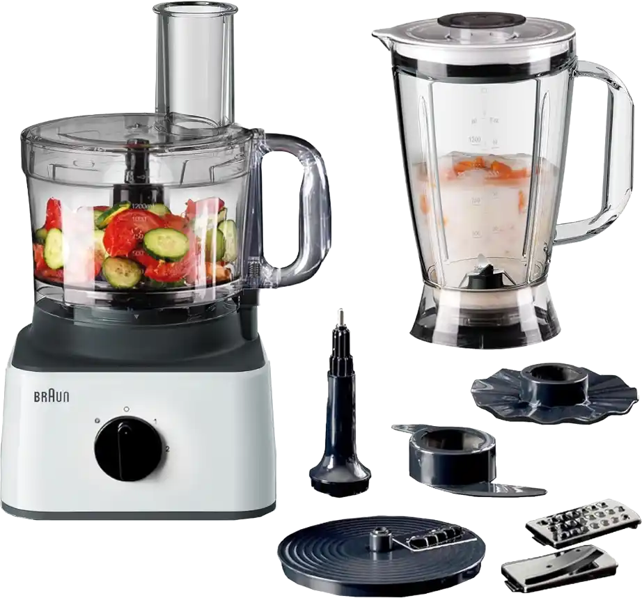 Braun Food Processor, 750 Watts, 2.1 L Bowl, Blender Jug, 8 Functions, White, Model FP0145WH