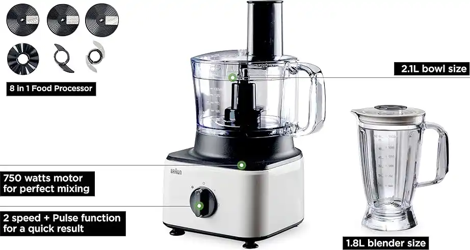 Braun Food Processor, 750 Watts, 2.1 L Bowl, Blender Jug, 8 Functions, White, Model FP0145WH