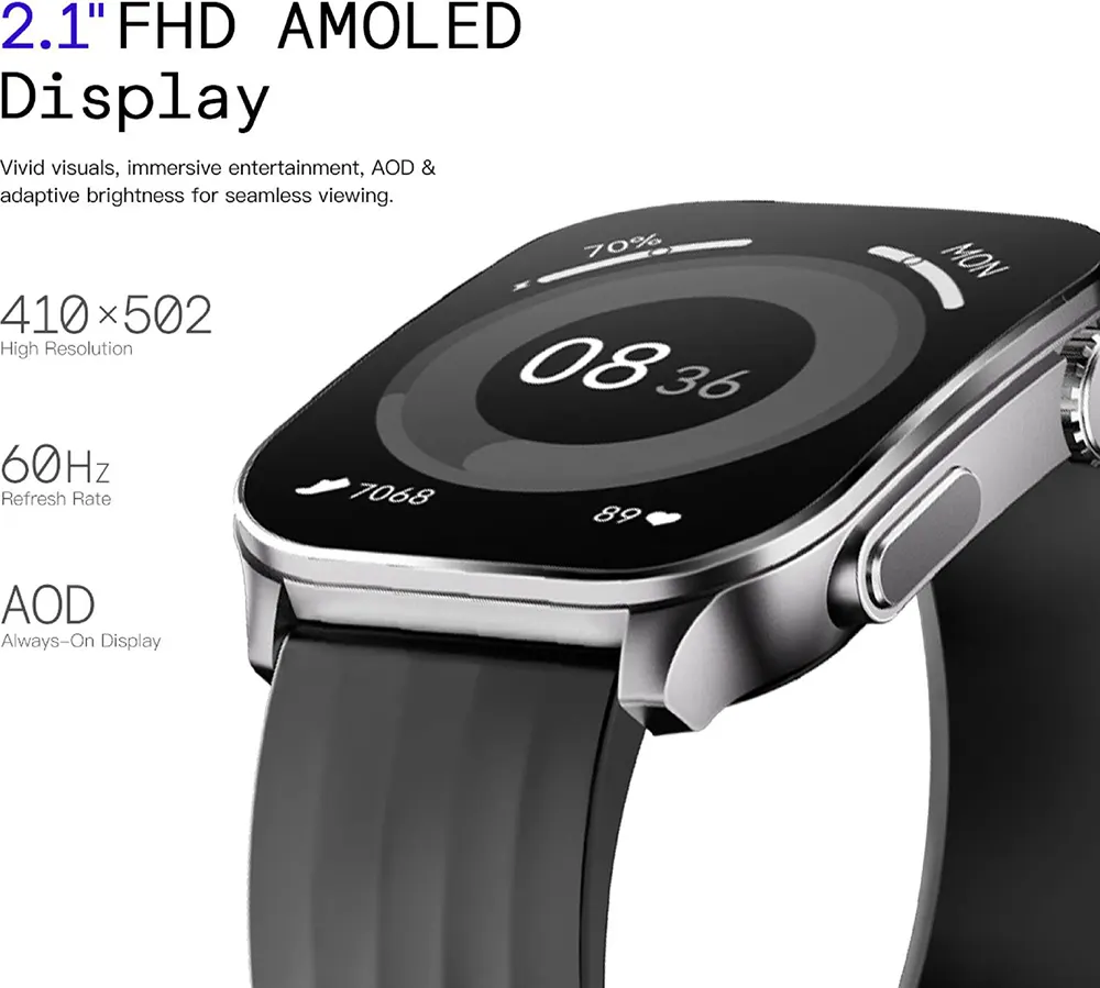ساعة سكايكي سيفيز نيو الذكية، شاشة أموليد 2.1 بوصة، بلوتوث 5.2، مقاومة للماء، فضي