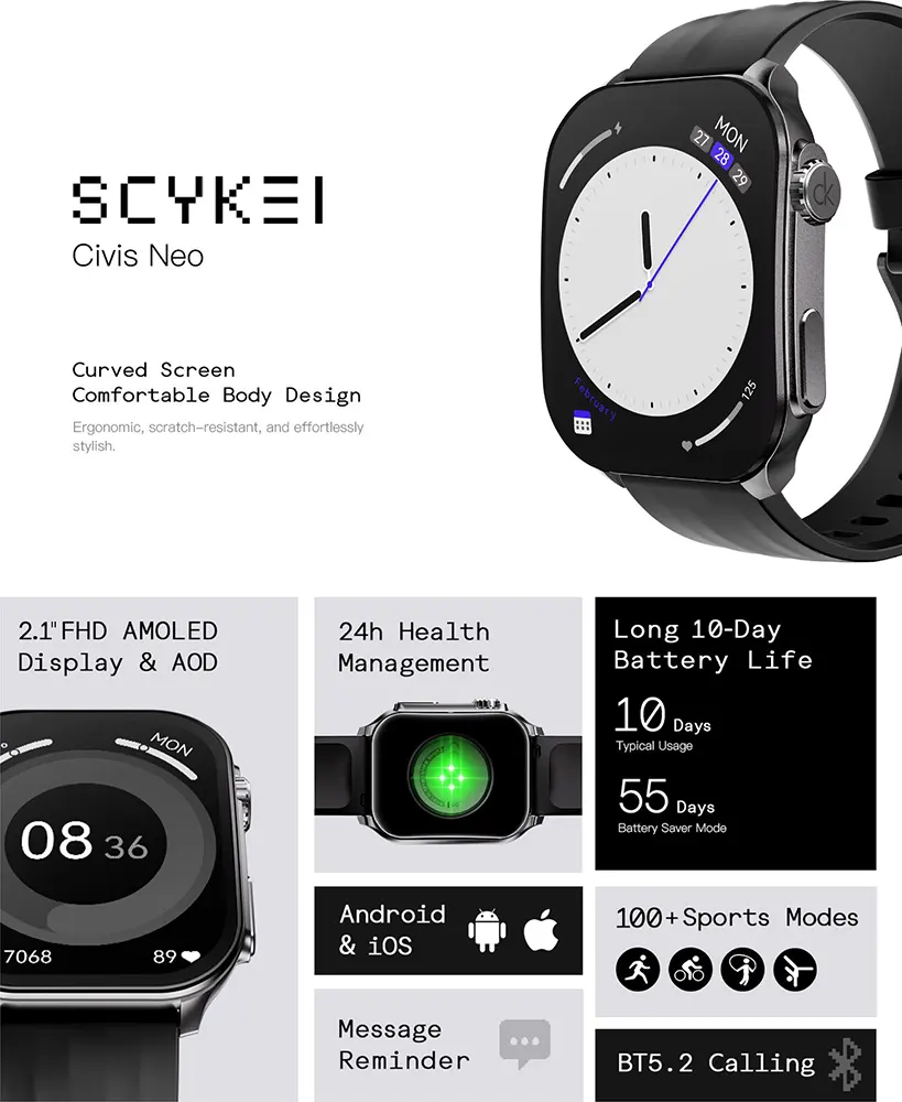 ساعة سكايكي سيفيز نيو الذكية، شاشة أموليد 2.1 بوصة، بلوتوث 5.2، مقاومة للماء، فضي